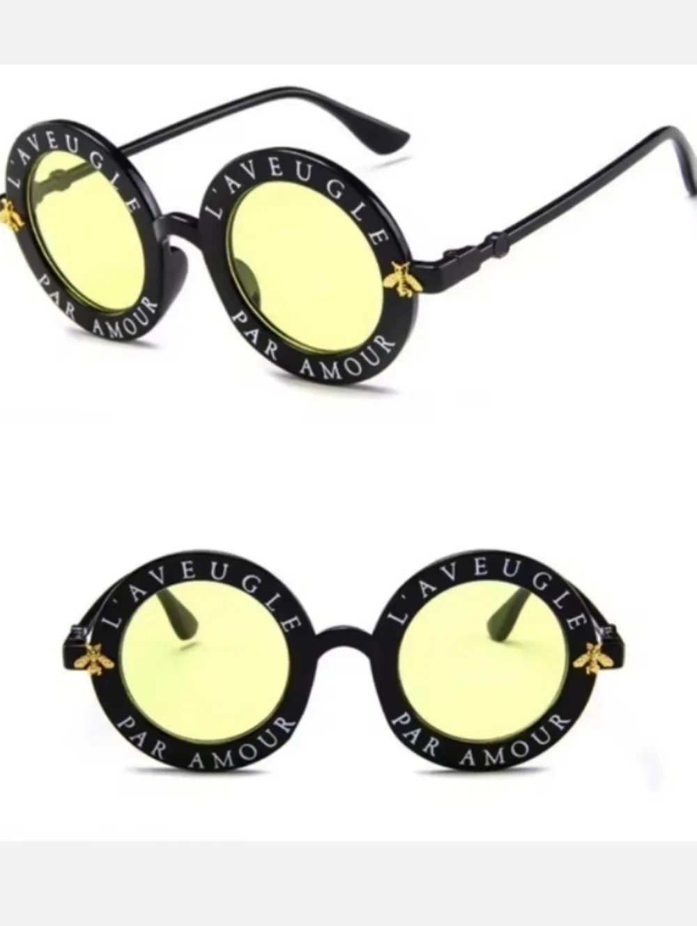 Black Round Sunglasses With Vintage Gold Bee Frames Yellow Granite Lens Kids
